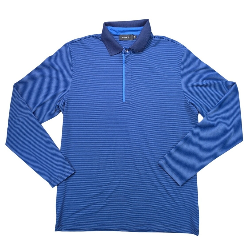 Bugatchi Performance Polo Blue Stripe Men's M Long Sleeve Quarter Zip